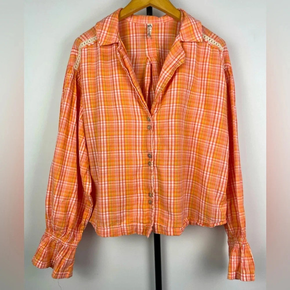 Intimately Free People Orange Pink Plaid Button Down Collared Long Sleeve Blouse - Picture 1 of 8